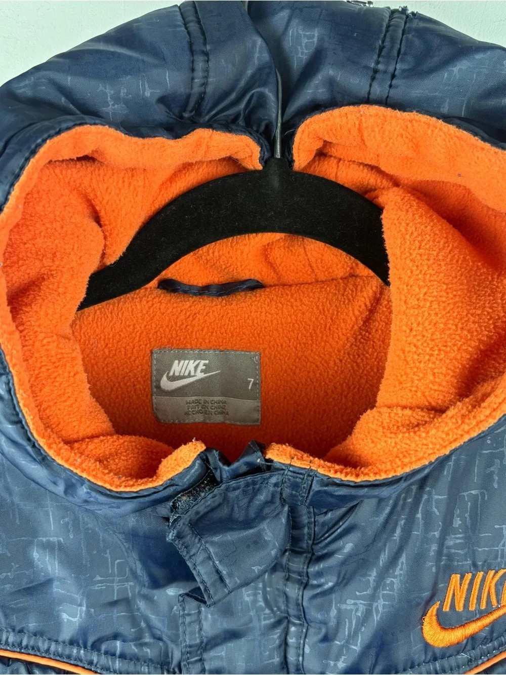 Nike Boys' Hooded Navy Puffer Winter Jacket Orange Fleece Lined Size 7 Warm Coat